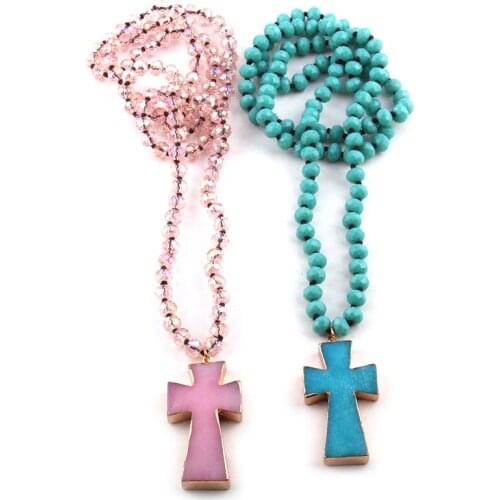 MOODPC Fashion Bohemian Tribal Jewelry Pink/Blue Glass Long Knotted Knotted Cross Pendant Necklaces