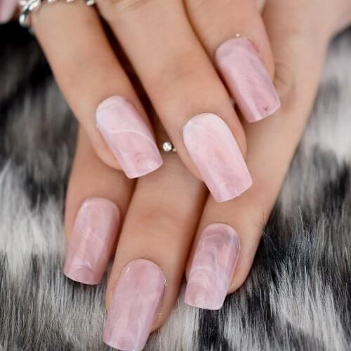 Square Head False Nails Tips Pink Marble Texture Fake Nail Acrylic Nails Full Wrap Artificial Nail Tips
