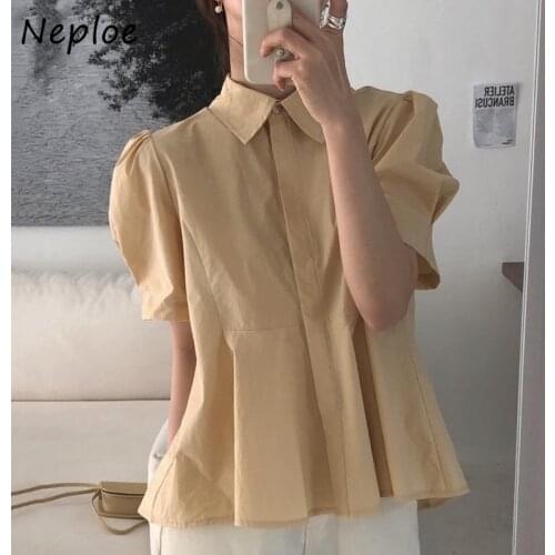 Neploe Work Style Ol Temperament Blouse Women Turn Down Collar Short Sleeve Single Breast Blusas Summer 2021 New Shirt Femme