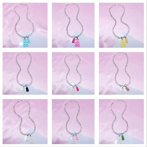 Handmade Rainbow Colorful Jelly Teddy Bear Charm Rhinestone Necklace Hip Hop Gummy Pendant Crystal Accessories Chain Jewelry