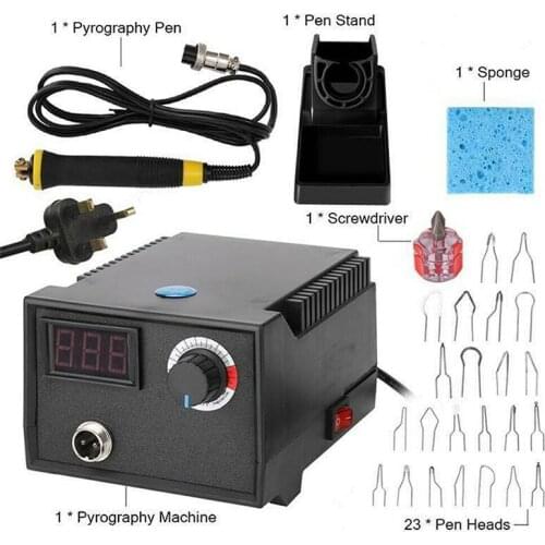 220v Wood Burning Pyrography Machine Digital Pyrography Soldering Pen Tools Adjustable Temperature UK Plug +23 Heating Wire Tips