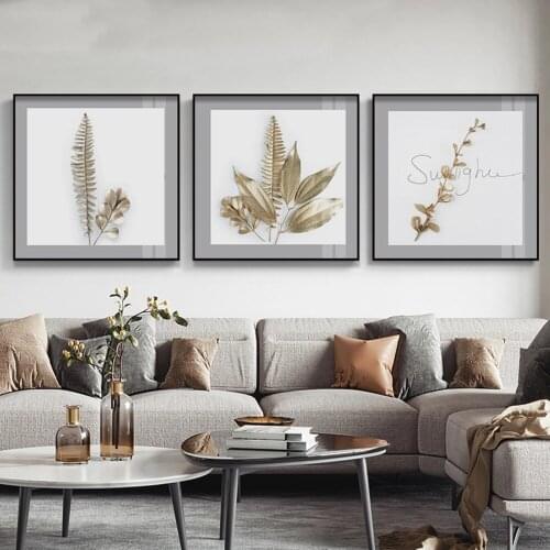Simple Modern Nordic Style Poster Metal Color Plant Leaf Wall Art Canvas Painting For Living Room Decorative Pictures Home Decor
