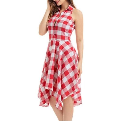 Fashion Spring Summer Lady Plaid Print Button Down Slim Sleeveless Irregular Midi Dress Womens Clothing