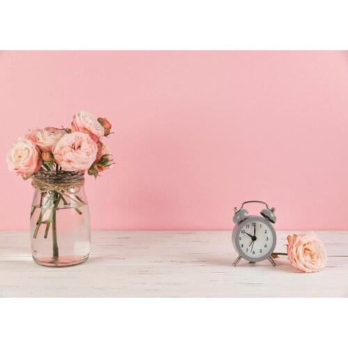 Pink Flowers Vase Alarm Photo Backdrops Vinyl Cloth Backgrounds for Lovers Valentines Day Wedding Photobooth Photography Props
