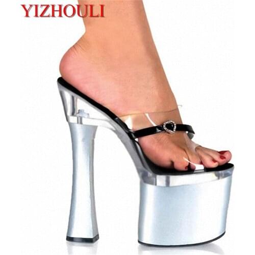 7 Inch Gold Prom High Heel Slippers 2017 Heart-Shaped Transparent 18cm Open Toe Wedding Dance Shoes