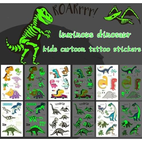 Luminous Dinosaur Kids Tattoo Stickers Cartoon Fun Glowing Stickers Temporary on Face Arm Leg for Child Body Art Decoration New
