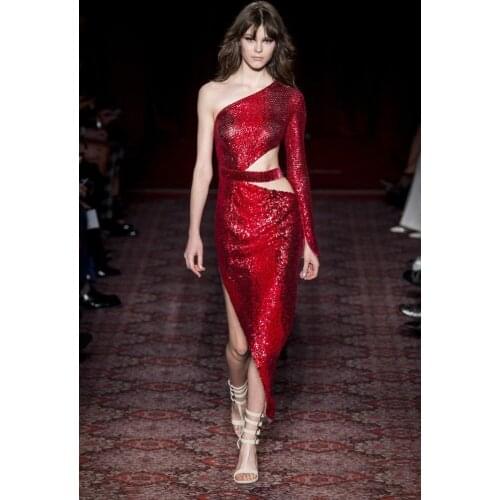 See Orange Crazy Red Sequins Party Dress Hollow Out Sexy Dress Women Bodycon Dress Summer 2018 Sheath One-Shoulder Dress SO3340