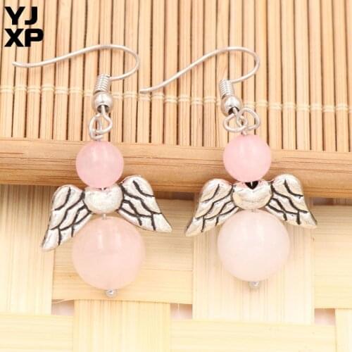 YJXP Round Beads Angel Wings Drop Earrings Reiki Healing Natural Stones Rose Pink Quartzs Dangle Earrings Ethnic Jewelry 1 Pair