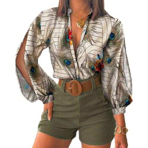 Summer Hot-Selling Womens 2021 Fashion New Digital Printing Stand-Up Collar Nine-Point Sleeve V-Neck Shirt Top