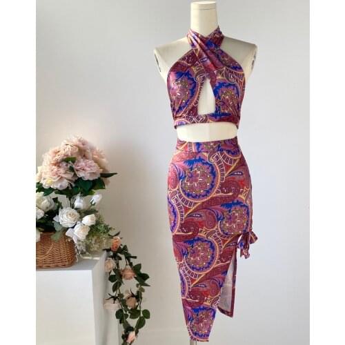 2021 Summer Autumn Holiday Sexy Halter Backless Top and Asymmetric Skirts Women Sets