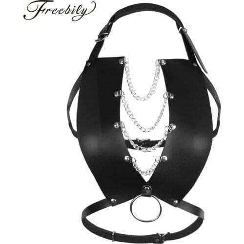 Female Women Black PU Leather Halter Harness Belt Metal Chain Sexy Bondage Gothic Tops Punk Club Party Festival Rave Costume