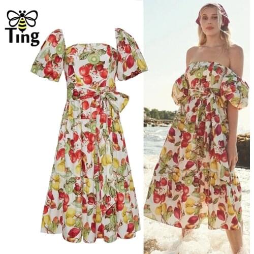 Tingfly Vintage Elegant Slash Neckline Fruit Floral Print Summer Boho Dress Retro Puff Sleeve Midi Long Casual Vestido Plus Size
