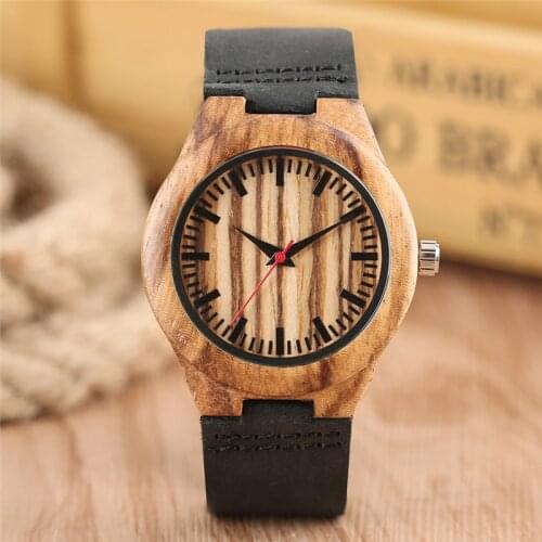 2017 Simple Wooden Watches Relogio Feminino Lover Womens Gifts Stylish Stripe Pattern Black Leather Strap Casual Montre Femme