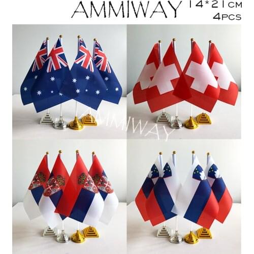 AMMIWAY 14x21cm 4pcs Australia Australian Switzerland Swiss Desk Flags Serbia Serbian Slovenia Slovenian Table Flag Plastic Base