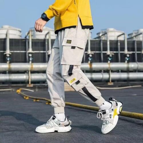 Hip Hop Men Streetwear Military Pants Patchwork Pocket Side Striped Joggers Sweatpants Cuffed Ankle Length Trousers For Male