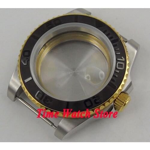 40mm Watch case gold sapphire glass black ceramic bezel date magnifier stainless steel fit ETA 2836 Miyota 8215 movement