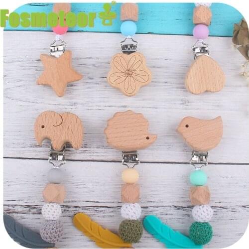Fosmeteor Baby Pacifier Chain Silicone Beads Wooden Holder Soother Pacifier Clips Nipple Holder for Infant Nipple Clip Chain