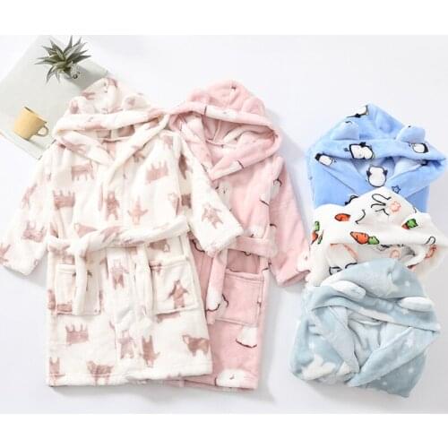 Autumn Winter Children Sleepwear Robe Flannel Hooded Warm Bathrobe Kids Pajamas For Boys & Girls Lovely Cartoon Animals Robes