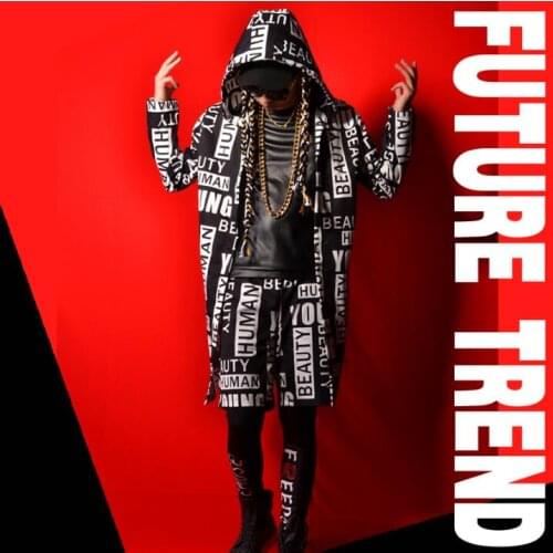 Tailor-made Men Fashion Hip Hop Long Hooded Trench Coat Male Streetwear Casual Cardigan Jacket Dancer Singer Stage Costumes