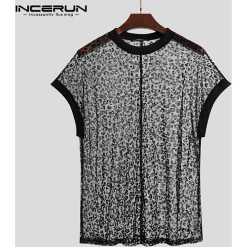 Men Mesh T Shirt See Through Leopard Print Streetwear O Neck Tee Tops 2021 Short Sleeve Nightclub Party T-shirts Hombre INCERUN