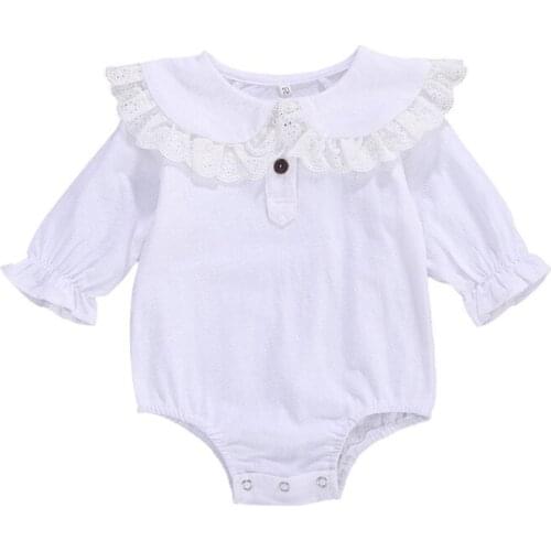 0-24M Infant Peter pan Collar Long Sleeve Romper Summer Autumn Baby Girls Sweet Solid Color Lace Splicing Jumpsuit Clothing