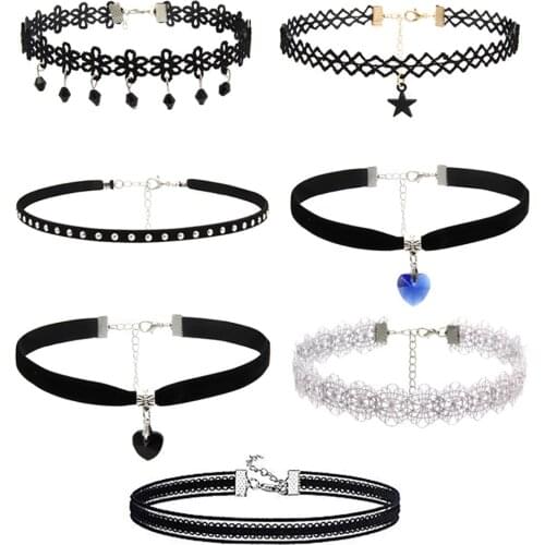 7 Pieces Choker Necklace Set Stretch Velvet Classic Gothic Tattoo Lace Choker Necklace Pendant Accessories Latest Necklace Colar