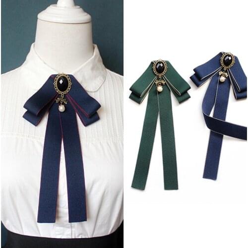 Handmade Ribbon Bow Tie Ladies Unisex Crystal Pearl Brooches for Women Corsage Necktie Pin Suits Clothing Collar Accessories