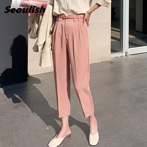 Summer 2020 New OL Style Women Formal Harem Pants with Belt High Waist Elegant Office Lady Ankle-Length Pants Female Pockets