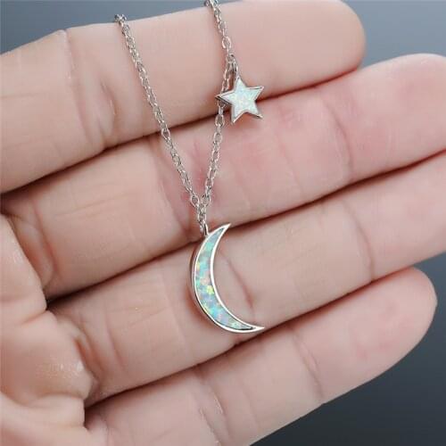 Lovely Star Moon Pendant Necklace Simple Fashion White Blue Opal Wedding Necklace Vintage Silver Color Chain Necklaces For Women