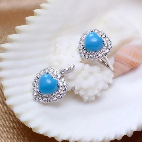 Fashion blue turquoise ring and necklace jewelry set for women ornaments real 925 silver heart style natural gem festival gift