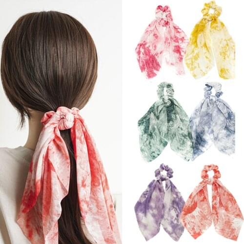 Fashion Women Tie Dyed Cloth Square Headband Ponytail Scarf Sweet Hair Accessories Ribbon Elastic Hairbands Bow Scrunchies