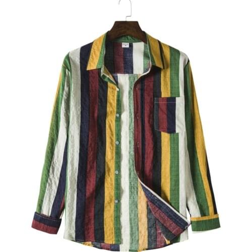 2021 Men Casual Long Sleeve Turn-down Collar Button Shirts Mens Vintage Striped Print Cardigan Tops Fashion Mens Shirt