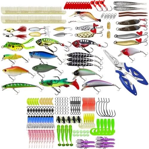 300pcs Fishing Lures Kit Set for Bass,Trout,Salmon,Including Spinning Lures, Plastic Worms, Frogs, Single Hooks, Swivels