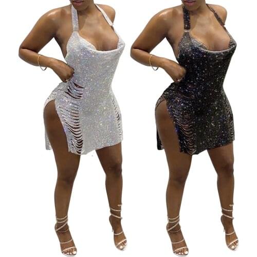 Sexy Sheer Net Mesh Glitter Tunic Backless Halter Short Night Club Dress Women Sexy Slim Club Bar Split Female Women Robe Dress