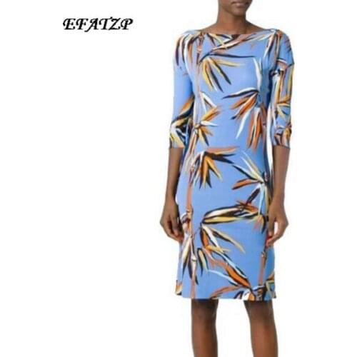 Free Shipping New 2017 Fashion Designer Brand Dress Womens 3/4 Sleeves Blue bamboo Print XXL Stretch Jersey Silk Day Dress