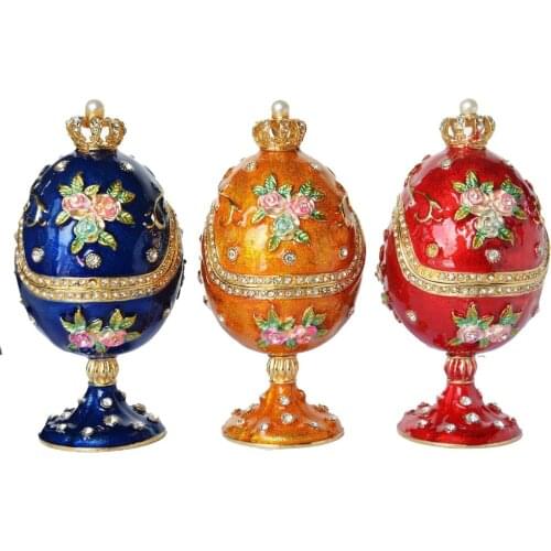 Hand-Painted Vintage Style Rose on Egg with Enamel and Sparkling Rhinestones Jewelry Trinket Box Rose Pattern