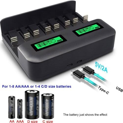 8 Slots Quick Smart USB LCD Display Charger Intelligent Fast Battery Charger for 1.2V AA AAA C D Size Rechargeable Battery