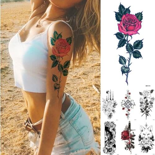Waterproof Temporary Tattoo Sticker Old School Rose Lotus Flash Tattoos Flower Lace Body Art Arm Fake Tatoo Women Men