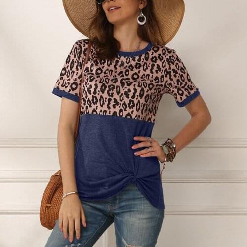 Summer Sexy Leopard Stitching Printed T-Shirt Tops Ladies O-Neck Short-Sleeve T-Shirts Blue XXL Size