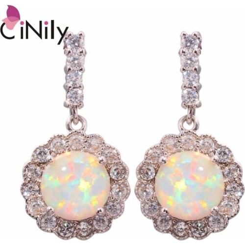 CiNily Creted White Fire Opal Cubic ZirconiaSilver Plated Wholesale Fashion Jewelry for Women Wedding Stud Earrings 7/8" OH2738