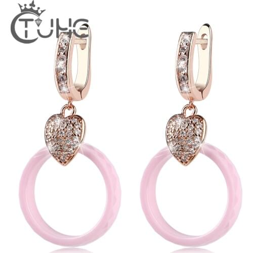 2019 Rose Gold Heart Shape Female Earrings for Women Romantic Pink Circle Pendant U Shape Ear Earring Jewelry Wedding Party Gift