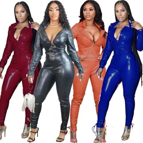 Women Fashion PU Leather Two Piece Set Grommet Lace Up Long Sleeve Short Jacket Top Pencil Pants Casual Suits