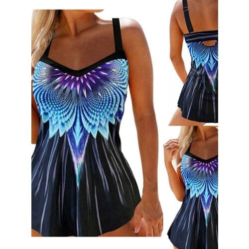 Women Sexy Two-Piece Split Bikini Fashion Feather Print Pleated Tank Top And Solid Color High Waist Pants Plus Size Bikini 6XL