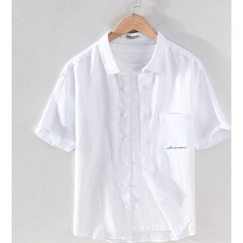 100% Linen new style short sleeve embroidered brand shirts men casual trendy white shirt for men chemise camisa tops mens