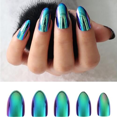 12 pc Fashion Stiletto False Nails Mirror Holographic Shiny Red Acrylic Full Cover Nail Tips pcs False Nails with Glue sticker