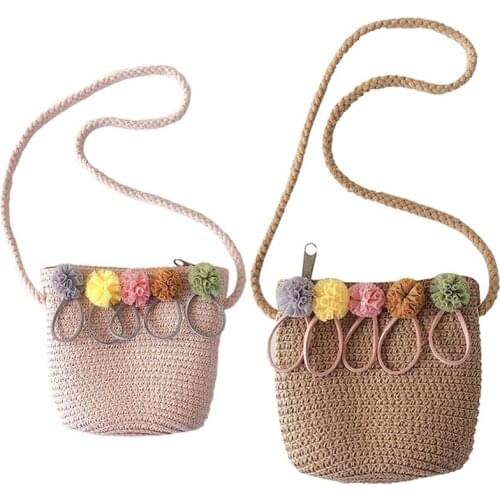 2X Girls Shoulder Bag Straw Rattan Weave Crossbody Bag For Baby Girls Best(Pink&Khaki)