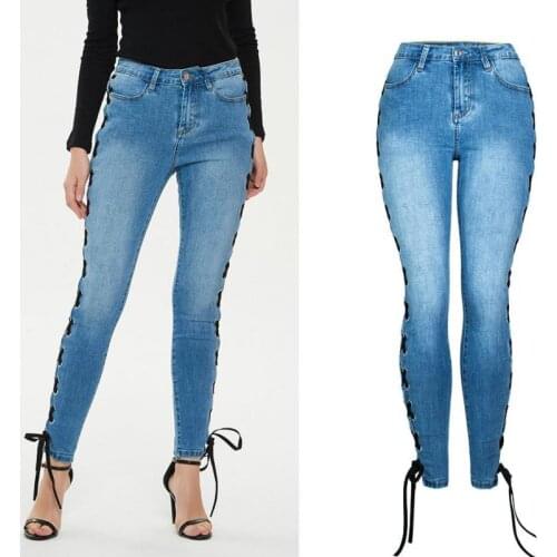 2021 Mid Waist Jeans Women Hip Lift Spring/autumn Stretch Denim Pencil Pants Blue Washed Cross Foot Bandage Slim Body Pant