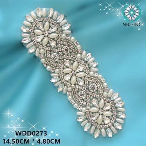 30PCS ) Wholesale hand beaded sewing crystal rhinestone pearl applique patch iron on for wedding dresses sash WDD0273