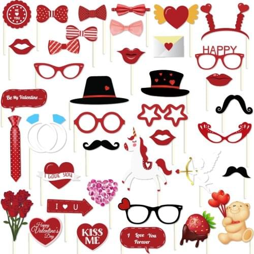 47pcs Valentines Day Party Decorations Rose Bear Photobooth Props Mr Mrs DIY Sweet Hearts Paper Cards Wedding Party Supplies