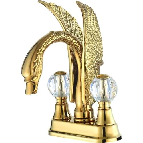 Free ship Swan Sink Faucet mixer tap Brass PVD ti- Gold 4" Center Hole Crystal handles